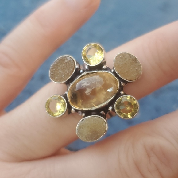 New Golden Rutile, Citrine and Druzy 925 Silver Ring. - Picture 8 of 16